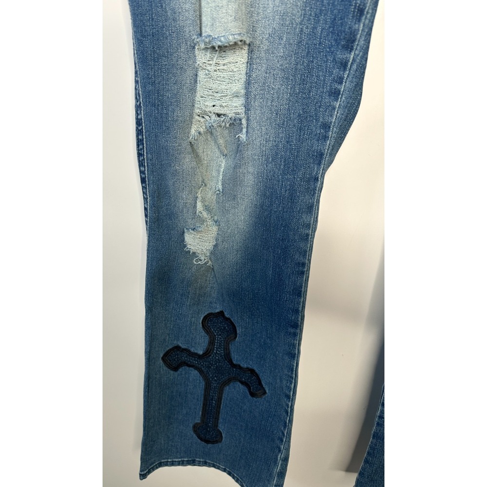 FLAMINGALS Cross Embroidery Ripped Double Button Mid Rise Bootcut Jeans 2XL - Picture 6 of 15